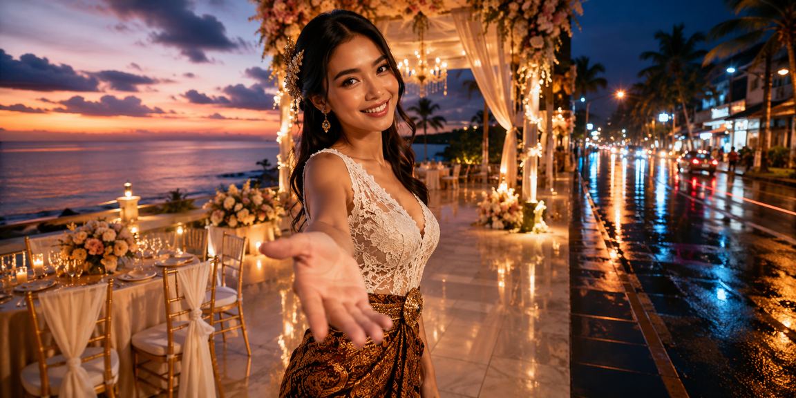 Pengguna mendaftar akun baru dan mendapatkan bonus sambut di tepi pantai