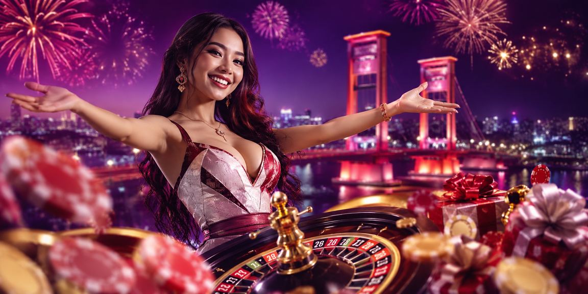 Meja roulette bercahaya neon dengan suasana kasino modern malam hari