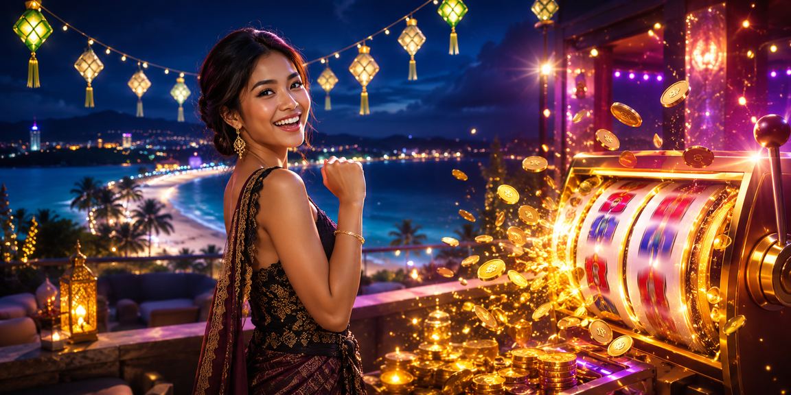 Pemain menikmati permainan slot online di tepi pantai dengan suasana santai